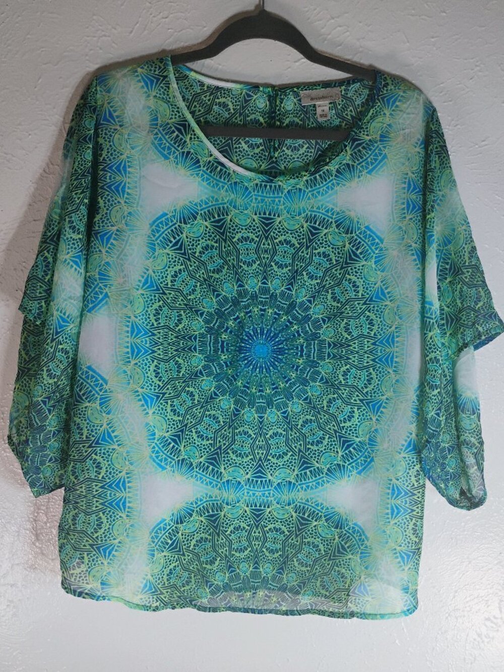 Dressbarn Turquoise Blue Dolman Sleeve Mandala Sheer Blouse Plus size 1x